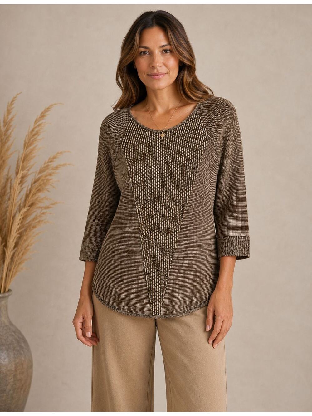 Bay Studio Womens Large Brown Tan Textured Knit Tunic Top 3/4 Sleeve